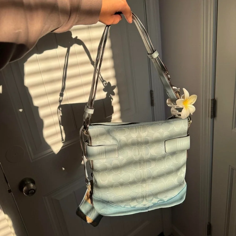 Coach blue & white monogram handbag & wristlet